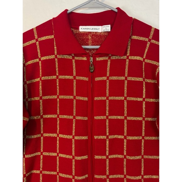 Karen Lessly Red Gold Plaid Zip Up Collar Sweater Women's Size L - Picture 3 of 5